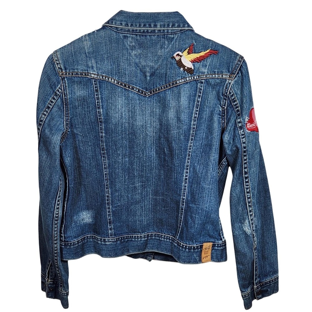 Vintage Tommy Hilfiger Jean Jacket M Women Y2K Embroidered Bird Heart Love Patch - Picture 2 of 16